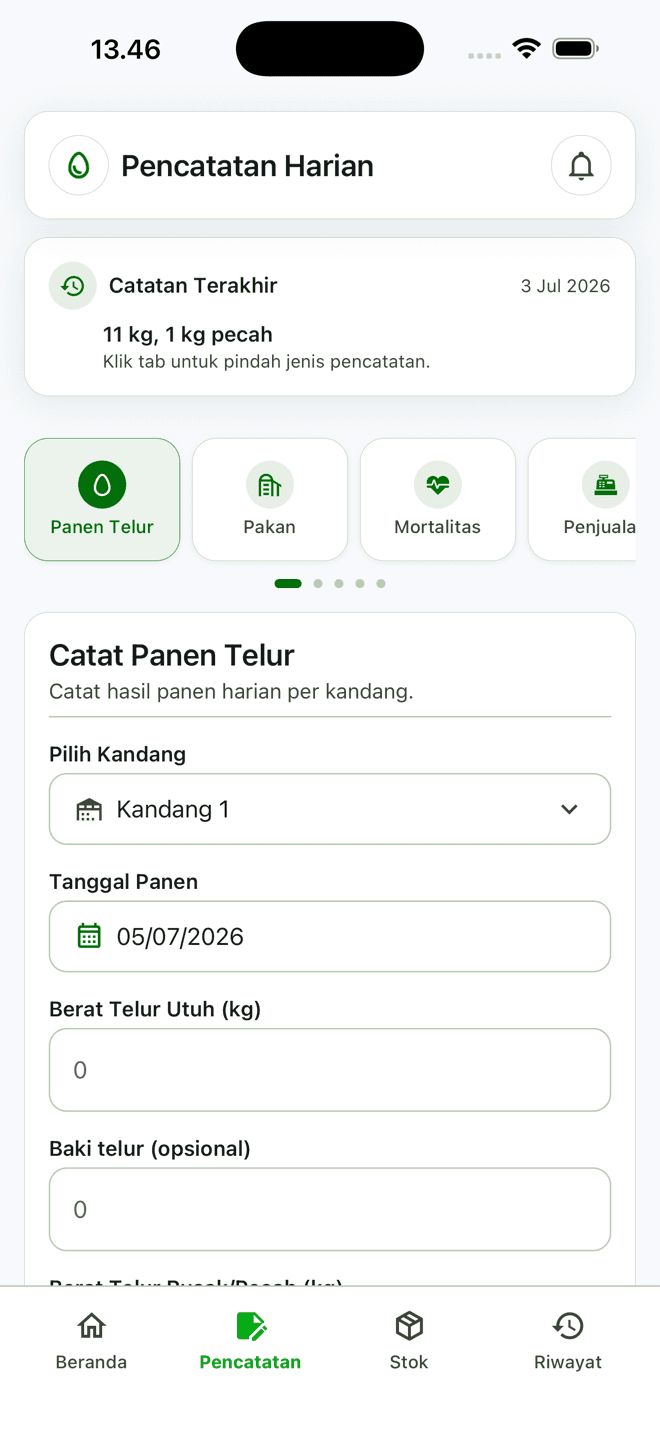Form catat panen telur harian per kandang