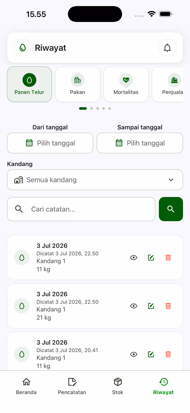 Riwayat pencatatan panen dengan filter tanggal dan kandang